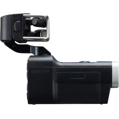 Side view of the Zoom Q8 Handy Video Recorder, highlighting its external microphone attachment and compact, ergonomic design.