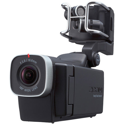 Zoom Q8 Handy Video Recorder featuring a 160° wide-angle lens, top-mounted microphone, and a compact design, shown in a front-side view.