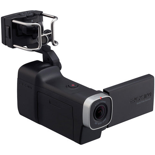 Angled view of the Zoom Q8 Handy Video Recorder with the top-mounted microphone, LCD screen open, and wide-angle lens highlighted in the front.