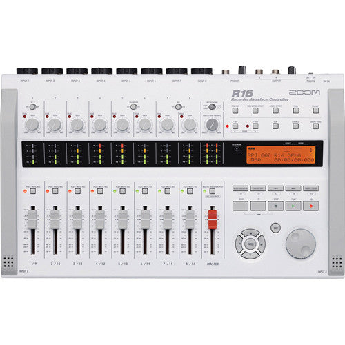 Front view of the Zoom R16 multi-track recorder, showcasing the eight channel sliders, multiple control knobs, digital display, and various input/output ports. The device features a clean, white design with gray side handles and an orange-lit screen.