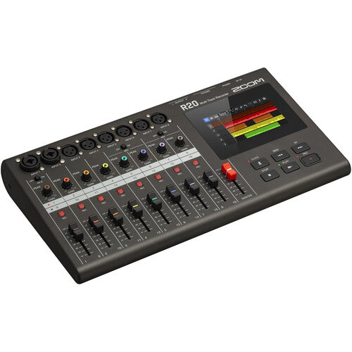 The Zoom R20 multi-track recorder and audio mixer, highlighting its angled view with multiple XLR/TRS inputs, color-coded knobs, faders, and a vibrant touch screen display. The layout provides easy navigation and precise control, ideal for professional audio production and mixing.