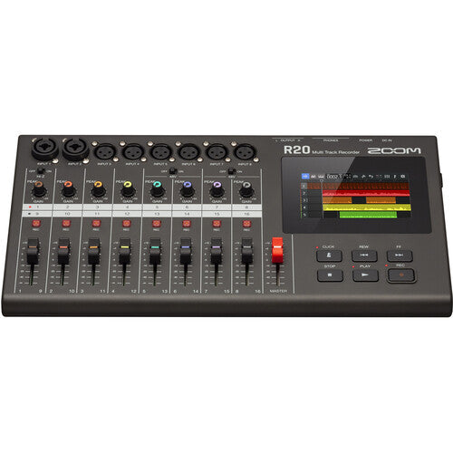 The Zoom R20 multi-track recorder and audio mixer, showcasing its interface with multiple XLR/TRS inputs, color-coded knobs for each channel, faders, and a vibrant touch screen display. The layout is designed for easy navigation and precise control, suitable for professional audio production and mixing.