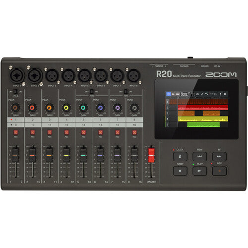 The Zoom R20 audio mixer and recorder in a top-down view, showing its detailed control panel with multiple XLR/TRS inputs, color-coded knobs, sliders, and an interactive touch screen. The device highlights its extensive functionality and intuitive layout, catering to professional audio recording and mixing needs.