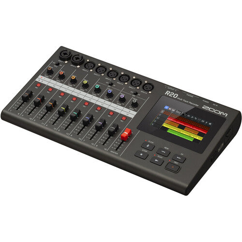 The Zoom R20 audio mixer and recorder in a three-quarter view, displaying its comprehensive control panel with multiple XLR/TRS inputs, sliders, and an interactive touch screen. The device showcases its functionality and versatility for audio recording and mixing, emphasizing its professional-grade capabilities and user-friendly interface.