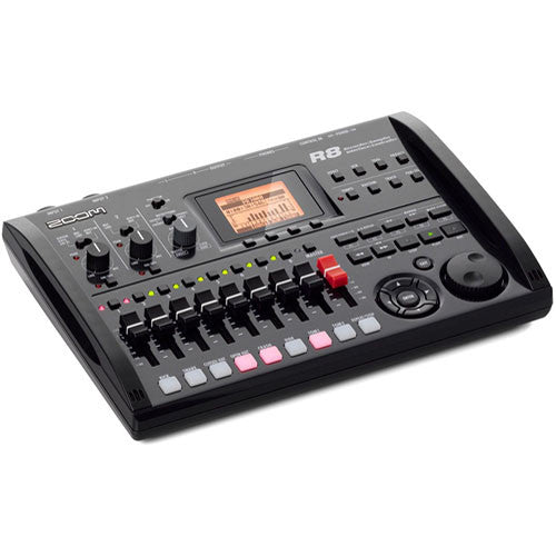 Zoom R8 multitrack recorder featuring an intuitive interface with various knobs, faders, and buttons for precise control, a central display for monitoring, and multiple input/output options, shown in a three-quarter view.