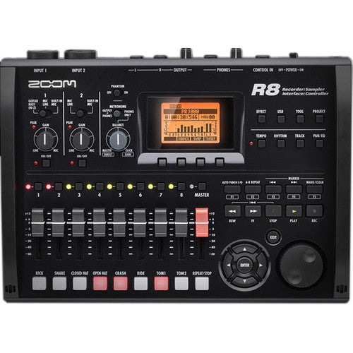 Zoom R8 multitrack recorder with an intuitive interface, featuring various knobs, faders, and buttons for precise control, a central display for monitoring, and multiple input/output options for versatile recording and playback capabilities.