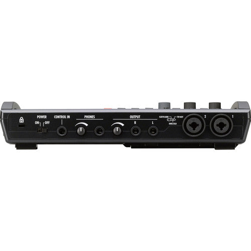 Rear view of an audio interface featuring various ports, including power input, control in, headphones jacks, output jacks, and two combo XLR/TRS inputs for versatile audio connectivity.