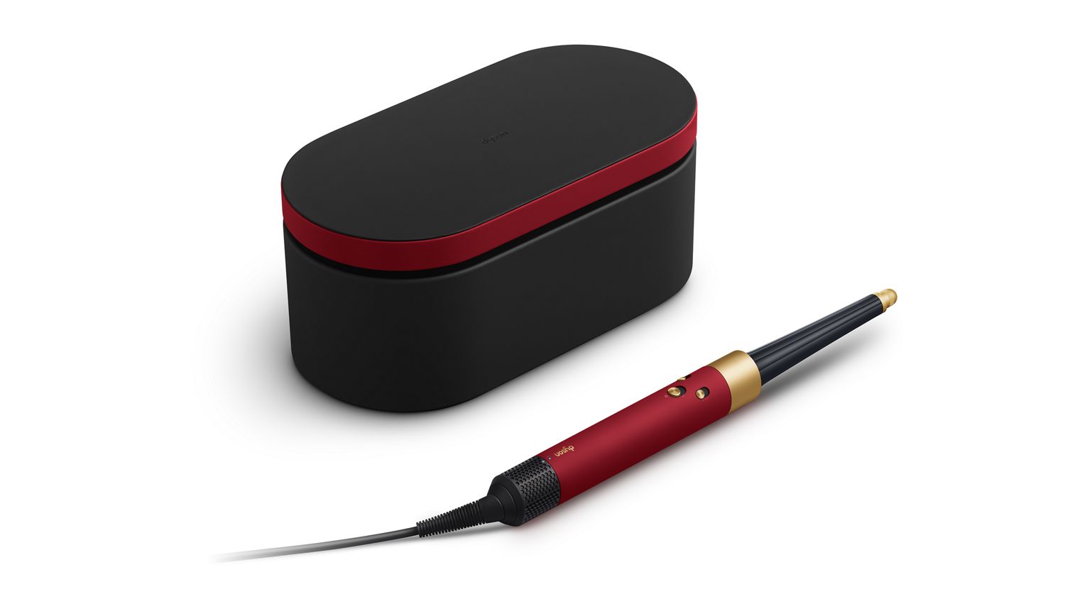 A stylish and elegant hair styling wand in a deep red and gold finish, paired with a sophisticated black and red storage case. The case provides a chic and organized solution for storing the high-end styling tool, combining aesthetics and functionality.