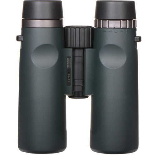 A top-down view of Ricoh Pentax AD 10x36 WP binoculars. The binoculars have a sleek, ergonomic design with a matte green finish. The central focusing wheel is positioned between the two barrels, which are designed for comfortable handling. The eyepieces are capped, and the binoculars emphasize durability and high-quality optics for an enhanced viewing experience.