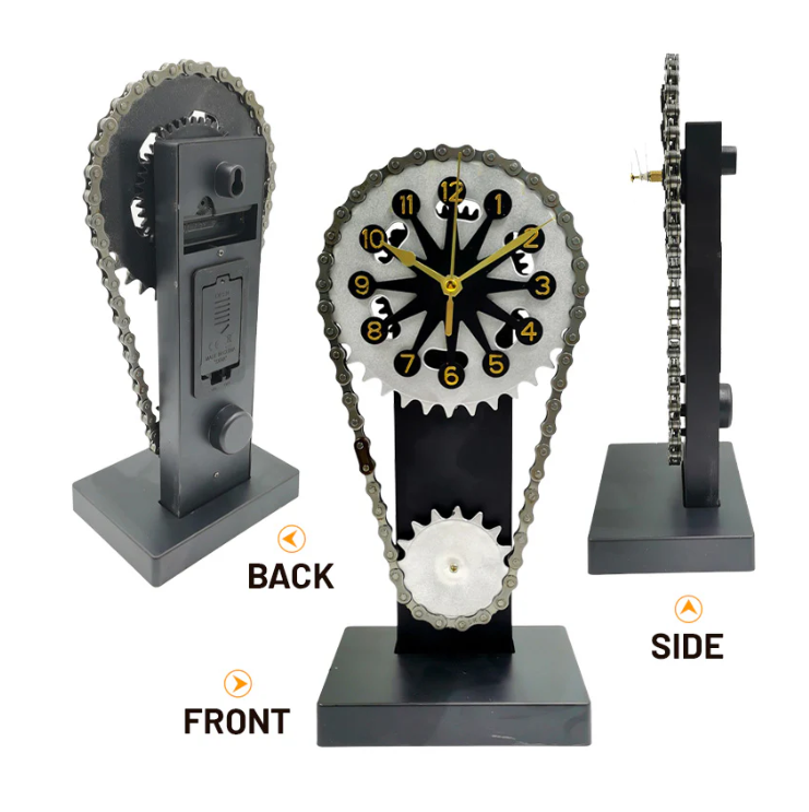 Gear-inspired clock shown from three angles: front view highlighting the chain-driven design with gold-accented numbers, back view displaying the battery compartment and control knob, and side view emphasizing the depth and chain structure.