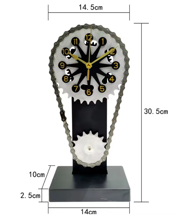 Gear-inspired clock with a chain-driven mechanism, displayed with measurements: 30.5 cm in height, 14.5 cm in width, 10 cm base height, and 2.5 cm base thickness, showcasing its industrial design and compact size.