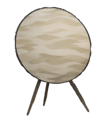 Bang & Olufsen speaker with a skin cover featuring a Sable design, displaying a subtle wave pattern in shades of beige, mounted on a tripod stand