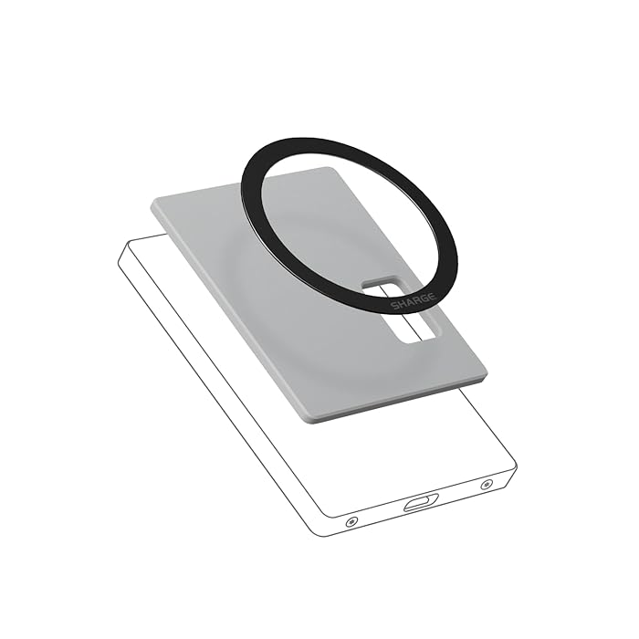 An illustration of a SHARGE magnetic ring and adhesive mounting plate, designed to attach securely to a power bank. The image demonstrates how the components align for effortless and stable installation on compatible devices.