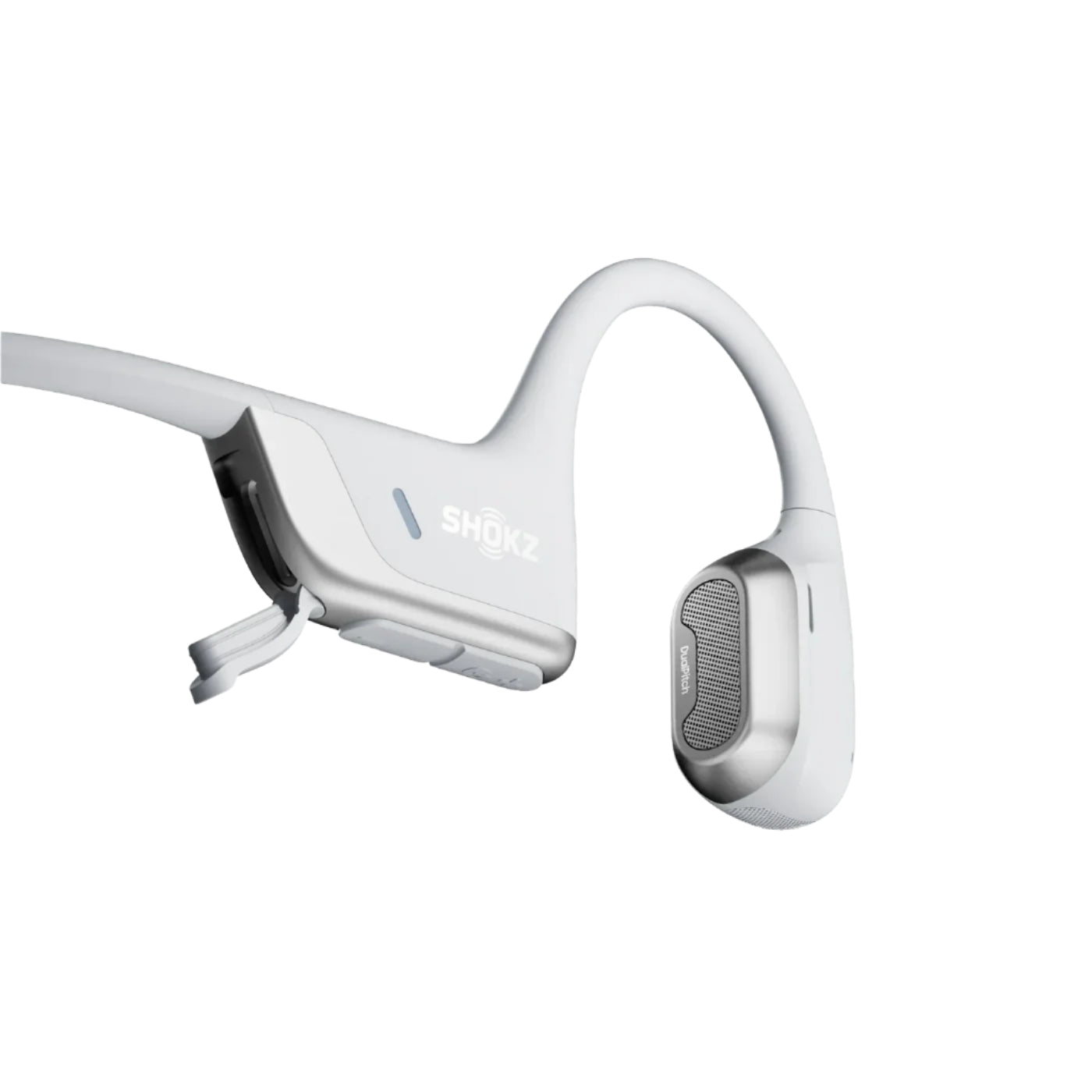 A pair of white Shokz bone conduction headphones with a lightweight wraparound design. The headphones feature a sleek frame, integrated controls, and a mesh-like surface on the earpiece for sound transmission. The minimalistic design emphasizes comfort and modern functionality.