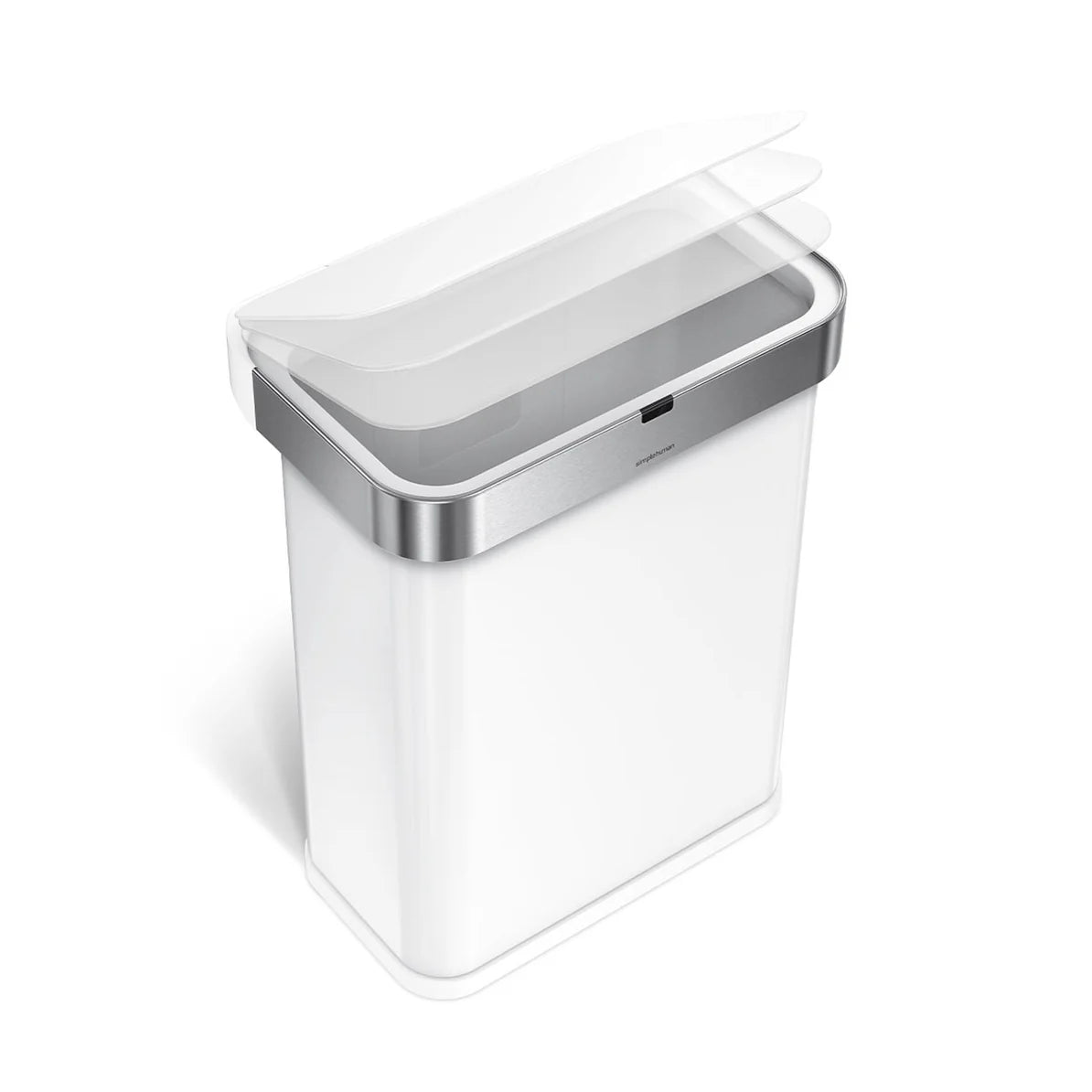  The image shows a Simplehuman trash can with a white body and a stainless steel lid, viewed from an angled top-down perspective. The lid is shown in motion, highlighting its smooth, sensor-activated or hands-free operation. The trash can has a sleek, rectangular design with slightly rounded corners, giving it a modern and minimalist appearance.