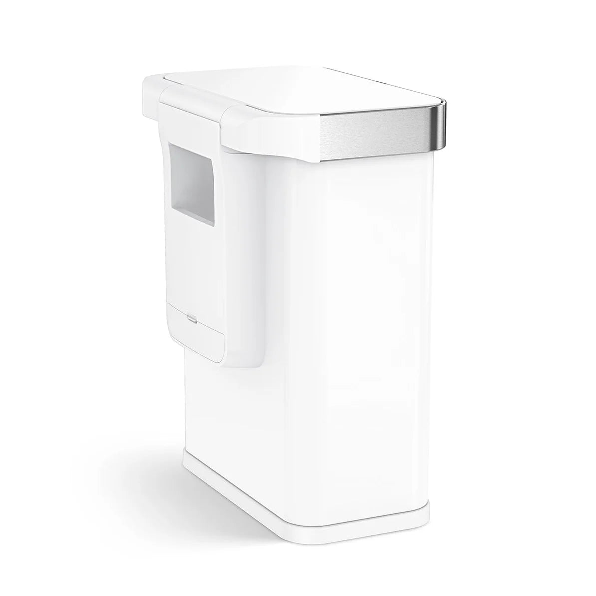 The image shows a Simplehuman trash can with a white body and a stainless steel lid, viewed from an angled perspective. The trash can features a sleek, rectangular design with slightly rounded corners. On the side of the trash can, there is an additional compartment, likely designed to hold extra items such as trash bags or cleaning supplies, enhancing its functionality.