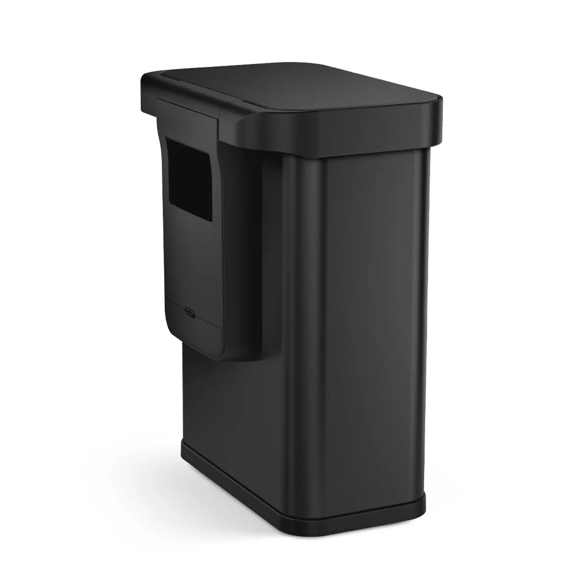 The image shows a Simplehuman trash can with a matte black finish, viewed from an angled perspective. This trash can has a sleek, rectangular design with slightly rounded corners. Notably, it features a compartment on the side, which is likely designed to hold additional items such as trash bags or cleaning supplies, enhancing its functionality. The overall design is minimalist and modern, making it a stylish addition to any kitchen, bathroom, or office space. The matte black finish gives the trash can a co