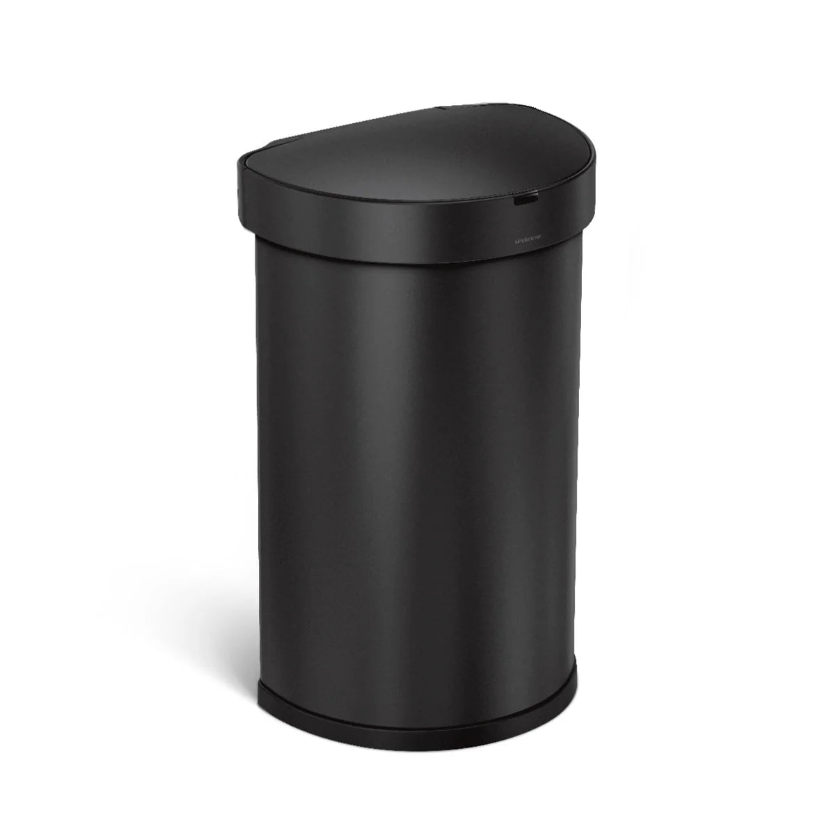 This image features a sleek, black, semi-round trash can with a lid that seems to be equipped with a sensor for automatic opening. The design is modern and minimalistic, with a smooth surface and a slightly tapered base, likely from the Simplehuman brand, known for high-quality, well-designed home products.