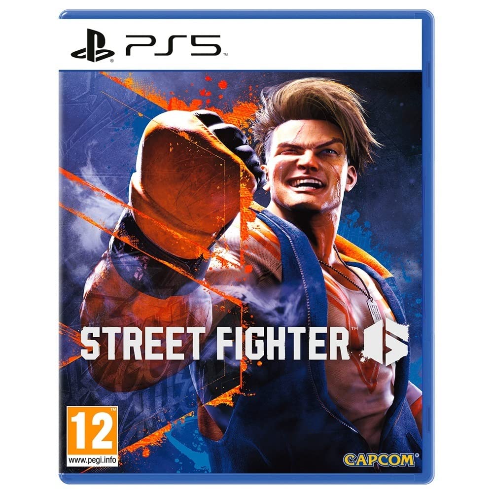 Street Fighter 6 PS5 game cover featuring a dynamic fighter in an action pose with vibrant orange and blue effects.