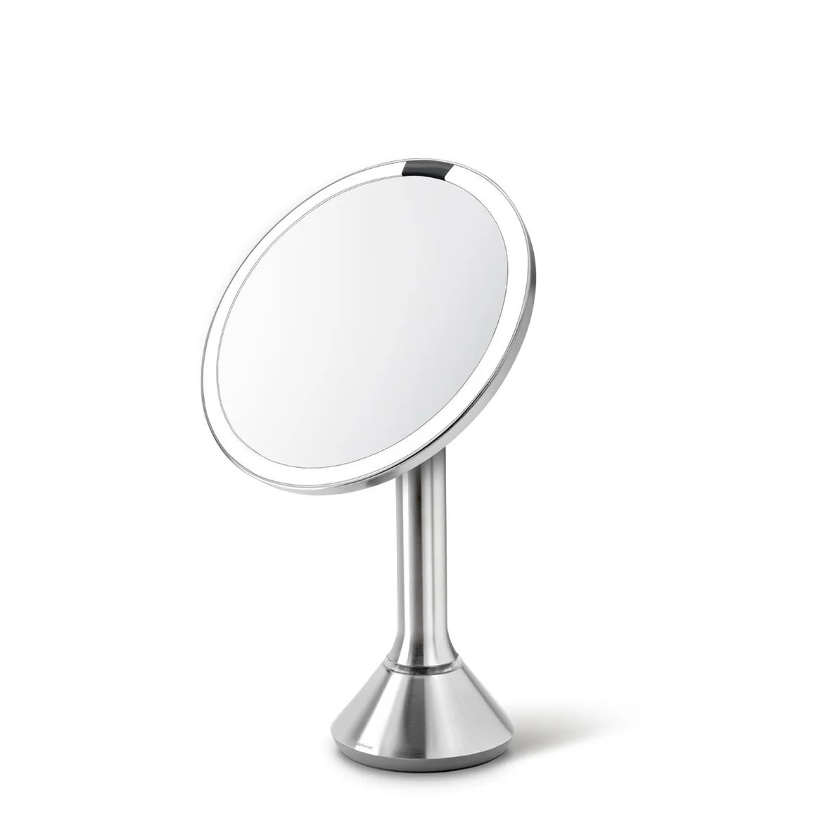 Simplehuman sensor mirror with stainless steel finish, featuring adjustable LED lighting and touch control for accurate makeup application.