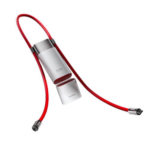 The image you uploaded appears to show a device with a sleek, modern design. It features a white rectangular body with metallic accents, connected by two red cables with silver connectors at each end. The device seems to have a detachable or sliding component, as part of the body is separated, revealing an interior with a red, possibly textured surface.