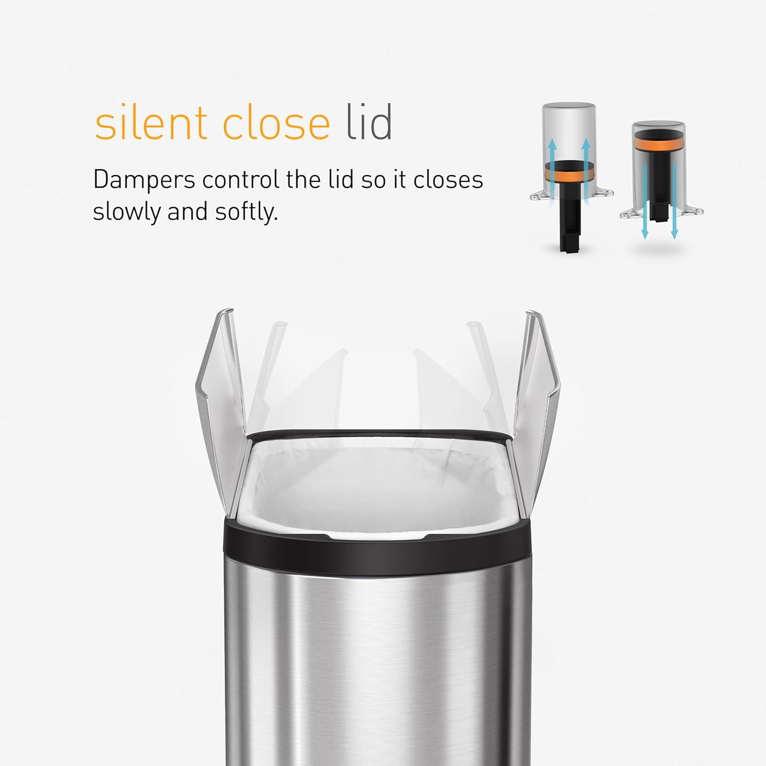 Simplehuman silent close lid, featuring dampers for a slow, soft, and quiet closing mechanism, enhancing usability and convenience.