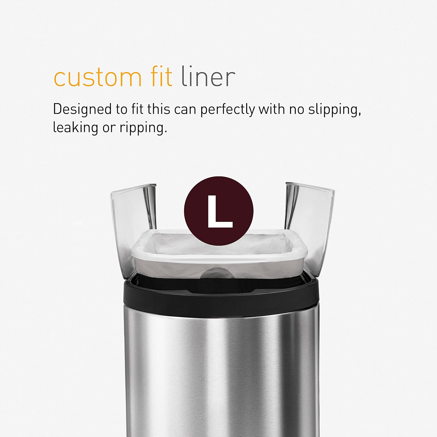 Simplehuman custom fit liner, size L, designed for no slipping, leaking, or ripping, perfectly tailored for secure trash management.