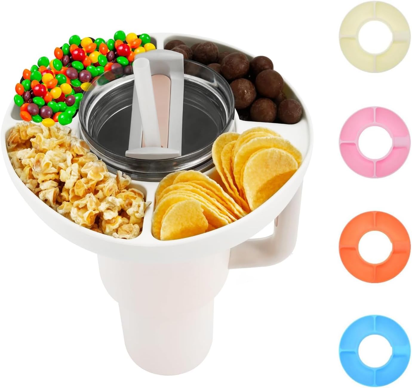 Colorful snack tray with multiple compartments and a built-in cup holder, ideal for convenient food storage and portability.