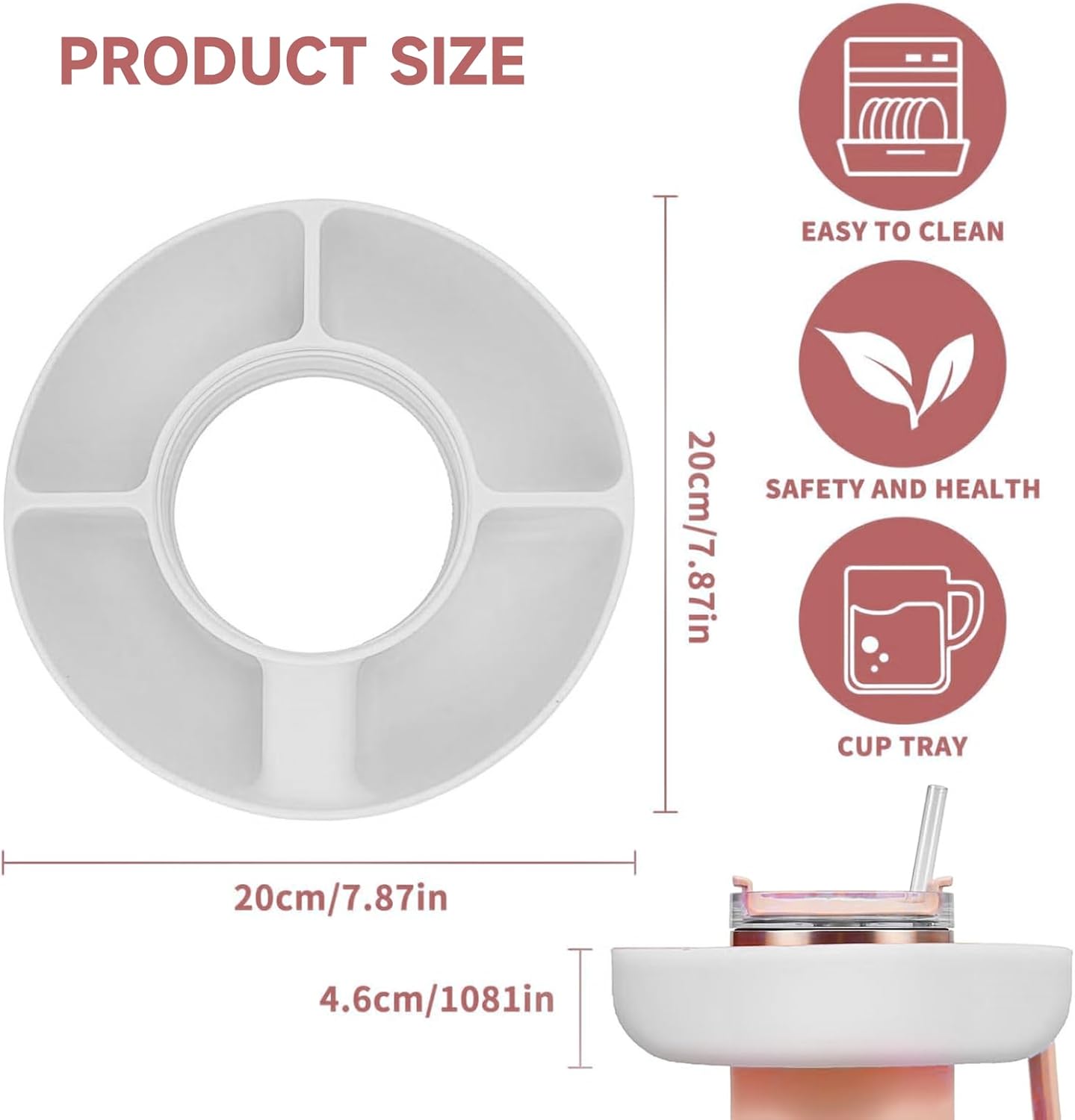 Compact, food-grade snack tray with a cup holder, dishwasher-safe and perfect for on-the-go use.