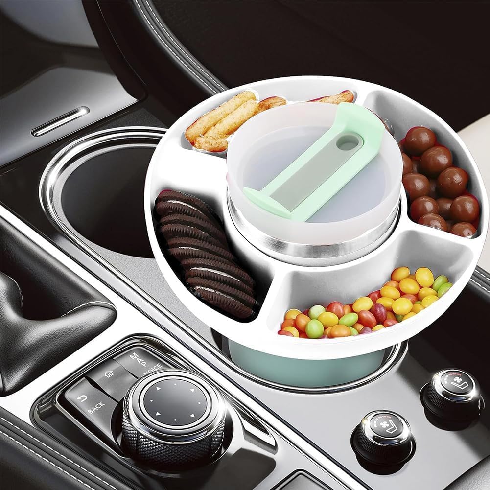 This image features a multi-compartment snack and drink organizer, ideal for use in vehicles. It fits securely in a car's cup holder, offering sections for snacks, candies, and cookies, along with a central area for a drink or tumbler. This product is perfect for on-the-go snacking and maintaining a clutter-free car interior. Let me know if you need additional details!