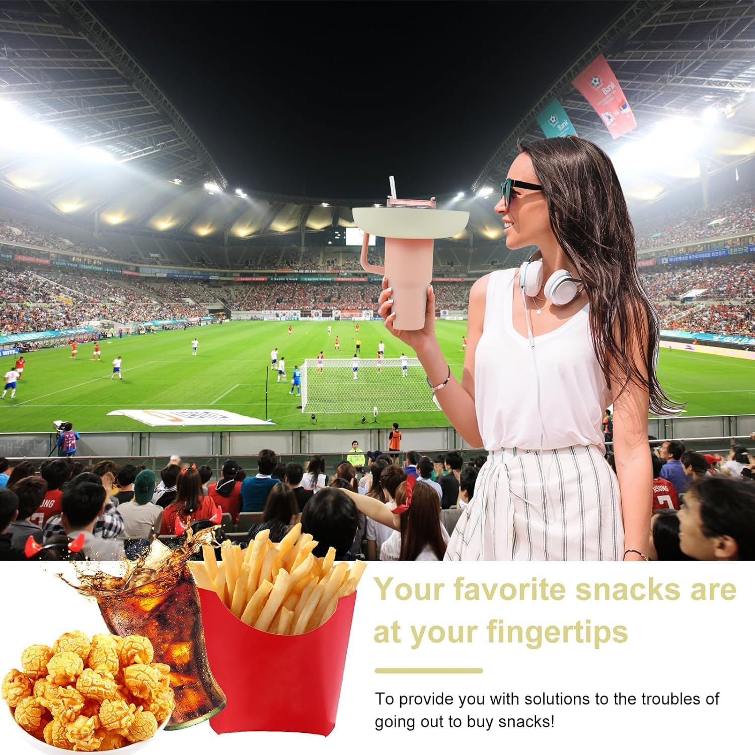 This image showcases a snack and drink holder designed for convenience, allowing users to enjoy their favorite snacks and beverages effortlessly at events such as sports matches. The product emphasizes accessibility and eliminates the hassle of carrying multiple items while enjoying the game. Let me know if you'd like more details!