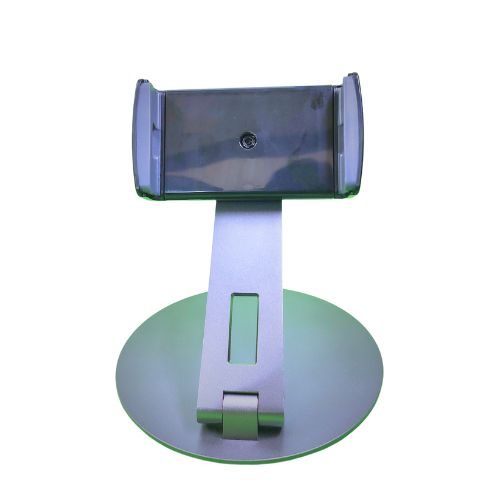 : A front view of a white 360 rotating phone and tablet stand, showcasing its circular base and adjustable arm with a clamp for securely holding devices. The design provides flexibility for various positioning and rotation angles.