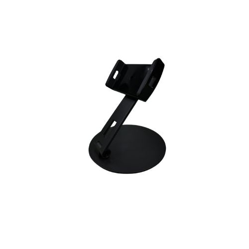  A black 360 rotating phone and tablet stand featuring a circular base and an adjustable arm with a clamp for holding the device securely. The design allows for versatile positioning and rotation.