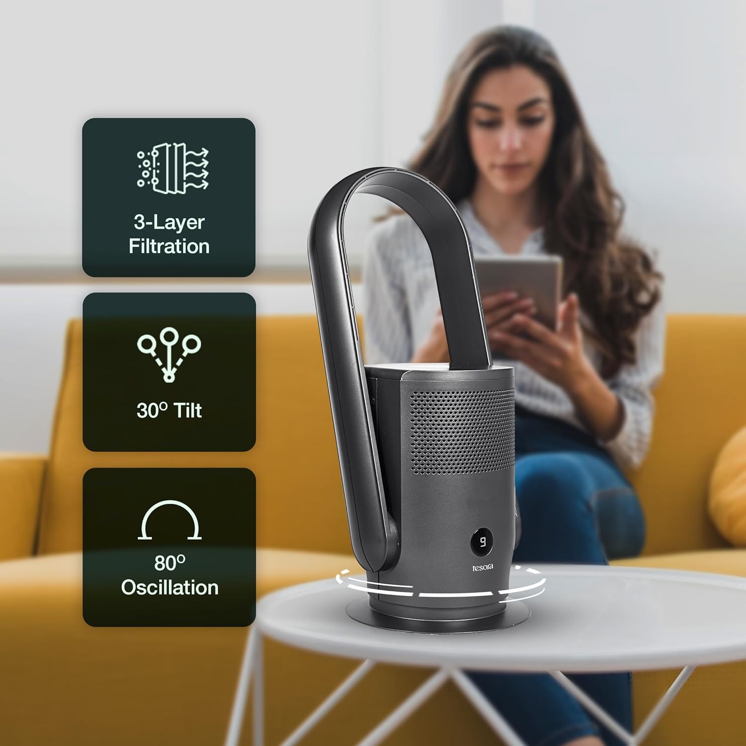 Tesora air purifier with 3-layer filtration, 30° tilt, and 80° oscillation for enhanced air circulation and purification.