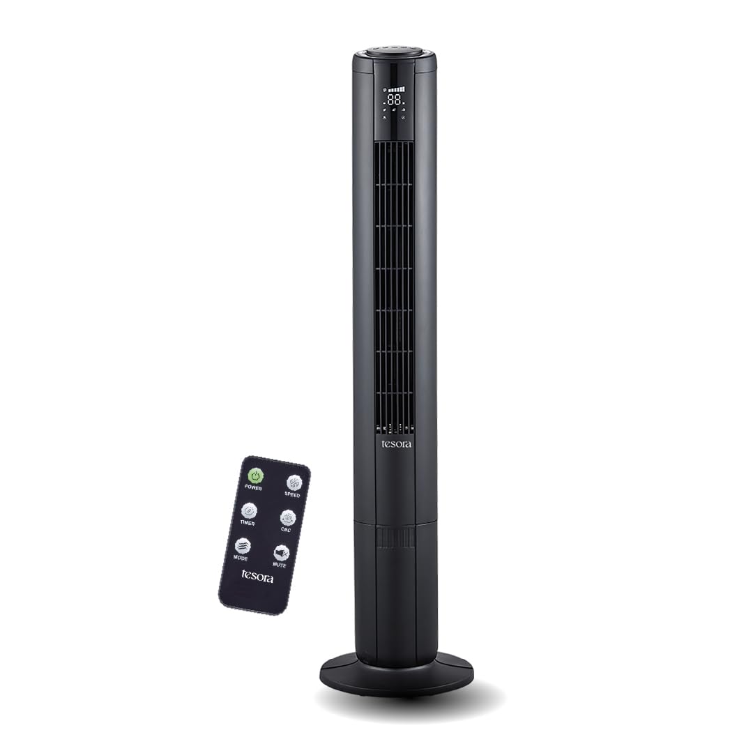 Sleek black tower fan with a remote control and digital display for easy operation and enhanced airflow.