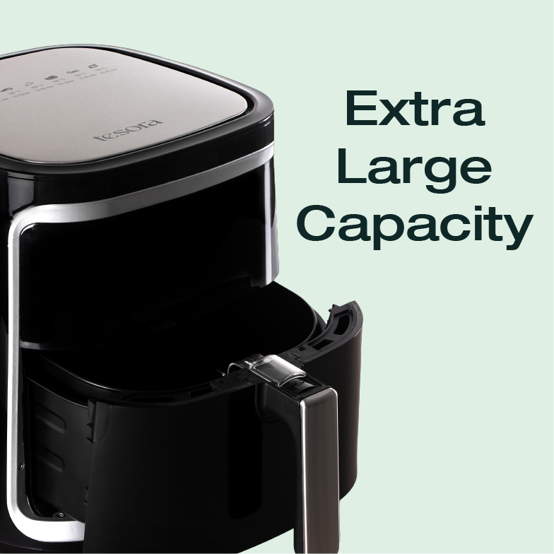 This image showcases an appliance, likely an air fryer, with an **"Extra Large Capacity"** feature. The design emphasizes a spacious interior with a large pull-out tray or basket, perfect for cooking or frying larger quantities of food at once. The sleek, modern appearance suggests it is built for both high performance and ease of use, ideal for family-sized meals or batch cooking.