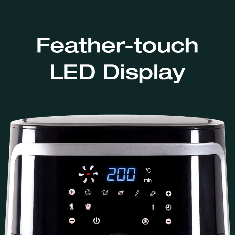 This image highlights the **"Feather-touch LED Display"** feature, showcasing a digital interface with touch-sensitive controls. The LED display shows the temperature set to 200°C, along with various operational icons, implying a modern, easy-to-use appliance with advanced technology for precise control and functionality. The design emphasizes sleekness and convenience.