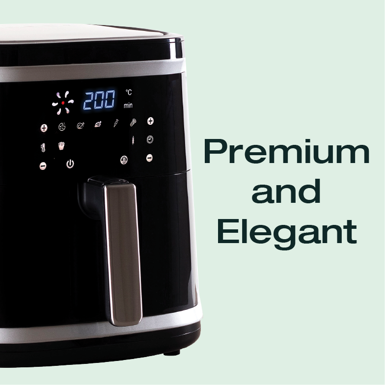 This image showcases a sleek and modern appliance with the tagline **"Premium and Elegant"** displayed next to it. The digital display on the appliance highlights temperature control set to 200°C and other operational icons, emphasizing its advanced functionality. The design suggests a high-quality, stylish product intended for a premium kitchen experience.