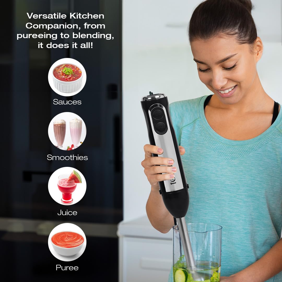 This image showcases a woman using a **Tesora hand blender** to blend ingredients in a glass cup. The image highlights the versatility of the kitchen tool with its ability to prepare:

- **Sauces**
- **Smoothies**
- **Juices**
- **Purees**

The hand blender is described as a **"Versatile Kitchen Companion"**, capable of handling various tasks from pureeing to blending. The visuals and product features emphasize ease of use and its multifunctional nature, making it ideal for a wide range of kitchen needs.