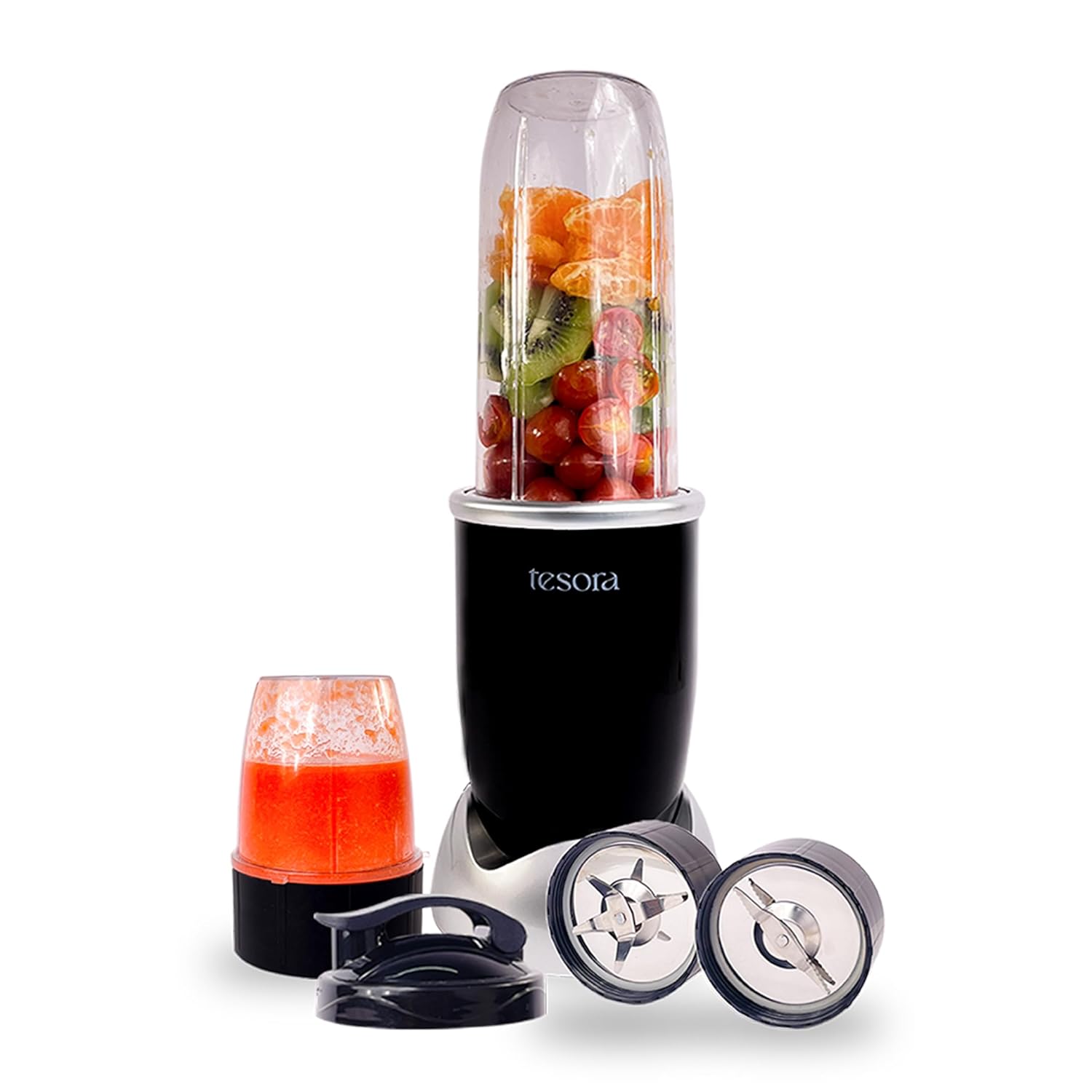 Tesora high-speed blender in elegant black, featuring a tall blending jar with vibrant fruits, a smaller jar filled with a fresh smoothie, two durable blade attachments, and a secure to-go lid, emphasizing versatility and convenience for healthy lifestyles.