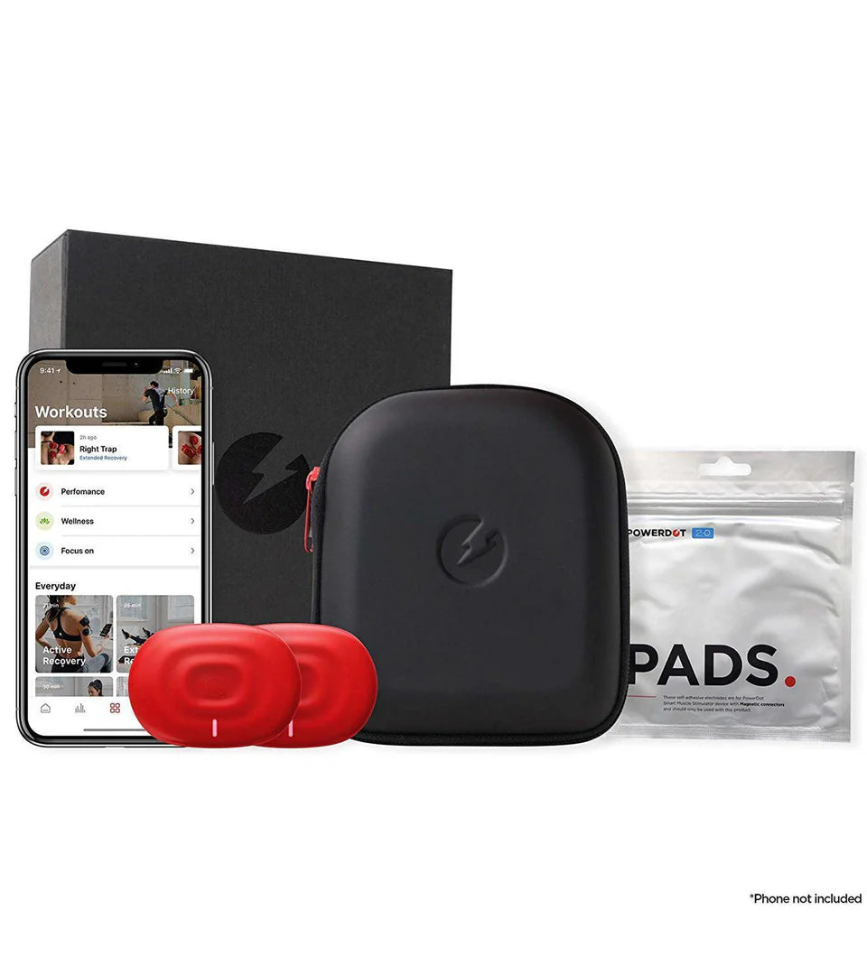 Complete muscle stimulation kit featuring two red stimulation pads, a compact black carrying case, replacement pad pack, and smartphone app integration for workout customization and muscle recovery.