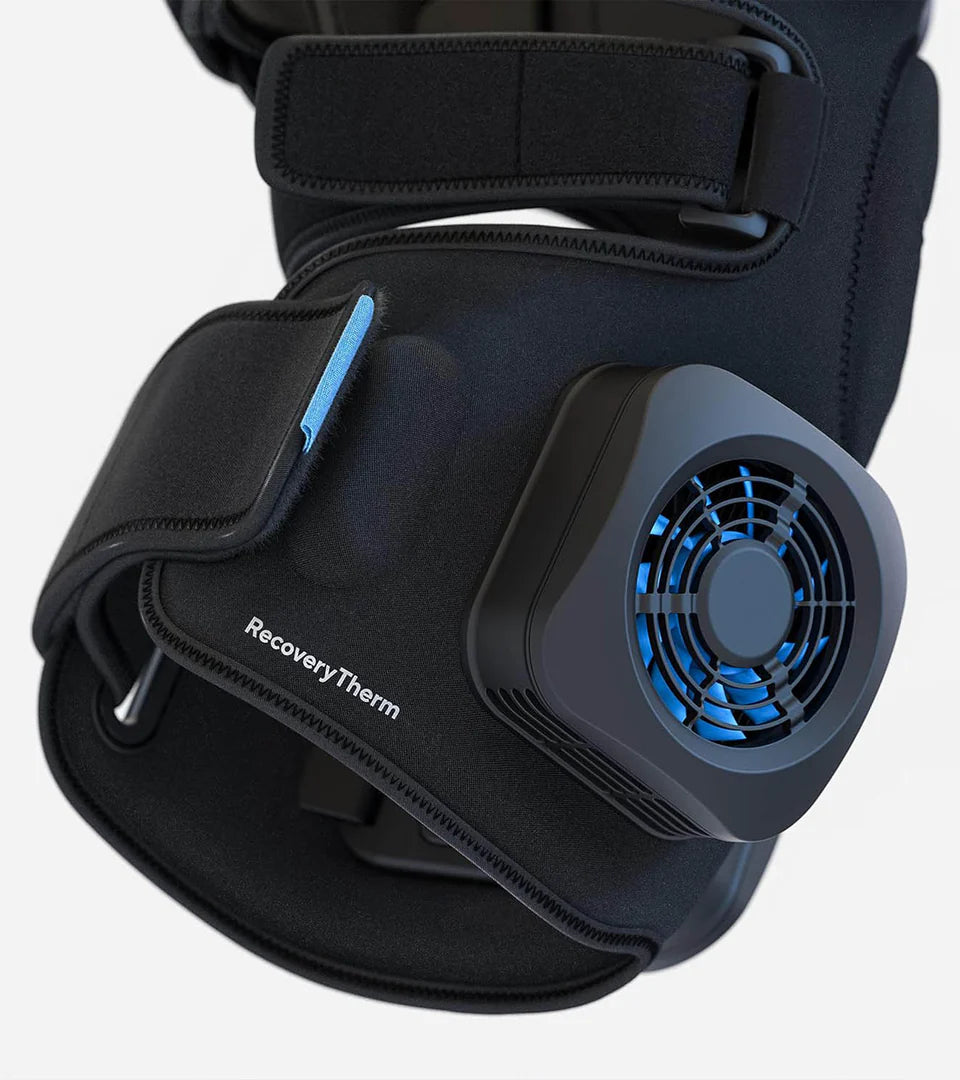 Close-up of the Therabody RecoveryTherm wearable device showcasing its adjustable strap and cooling fan system, designed for effective muscle recovery and targeted pain relief.