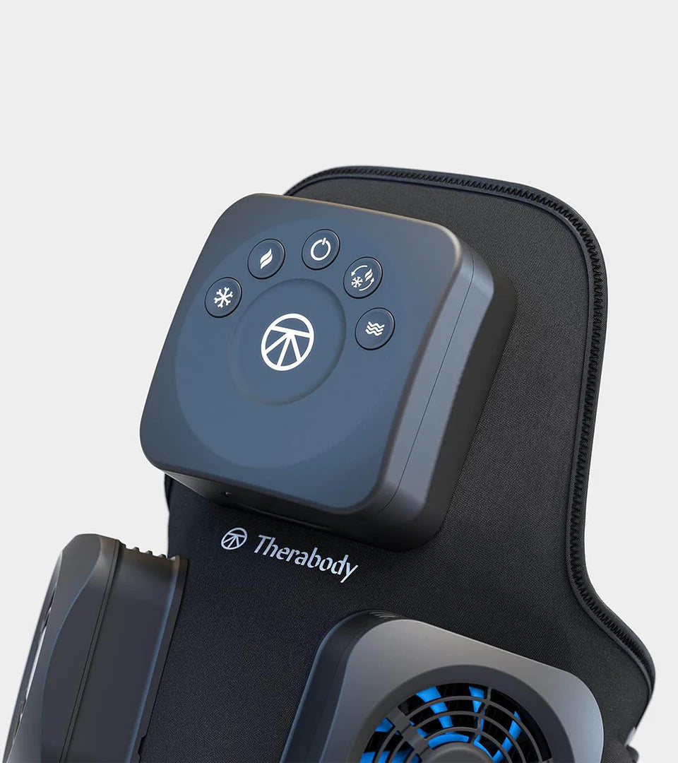 Close-up of the Therabody wearable muscle therapy device control panel featuring intuitive buttons for adjusting settings such as cooling, vibration, and power, designed for customized pain relief and muscle recovery.