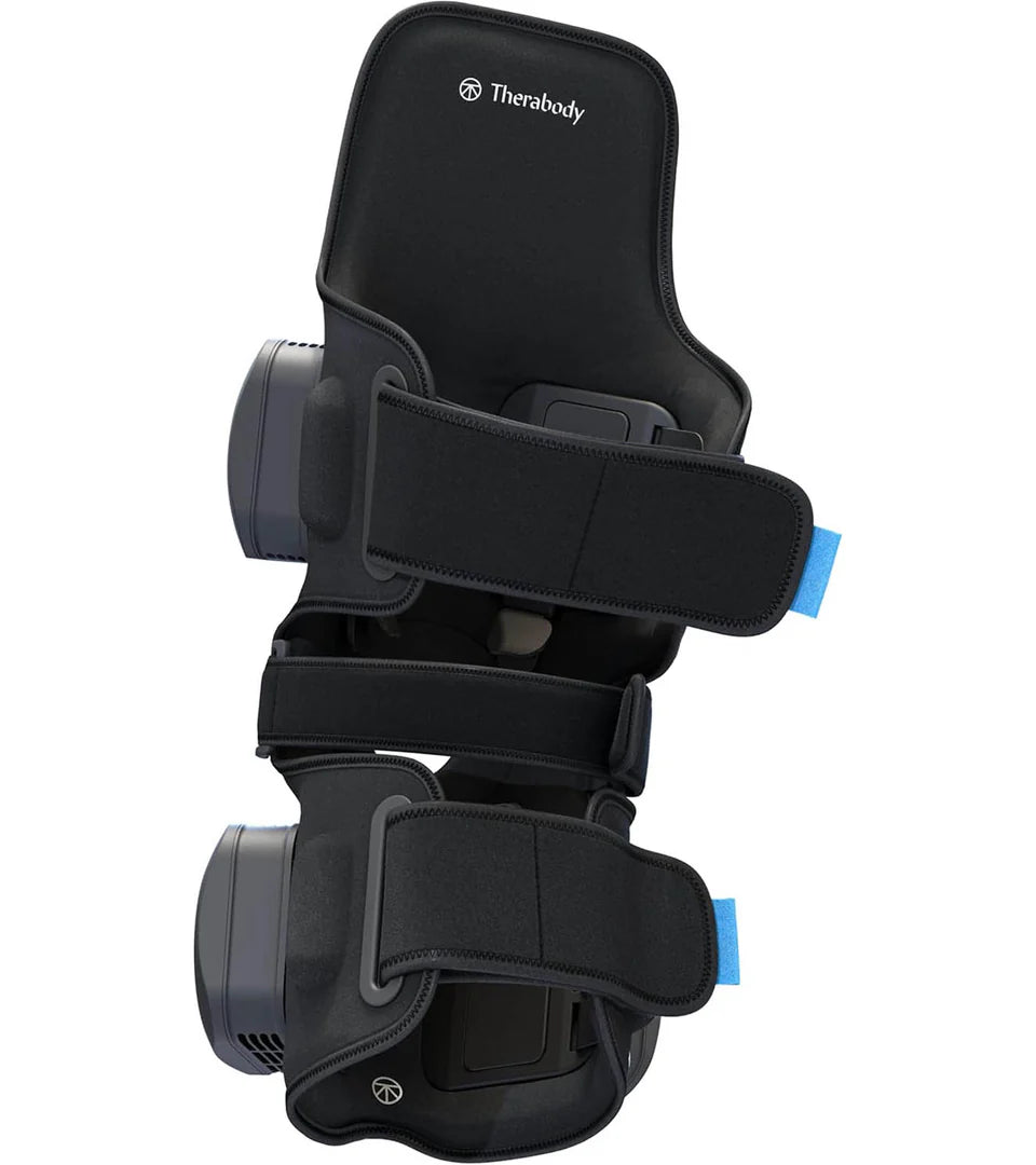 Therabody wearable muscle therapy device featuring adjustable straps and a sleek design, designed for hands-free use to target muscle recovery and pain relief effectively.