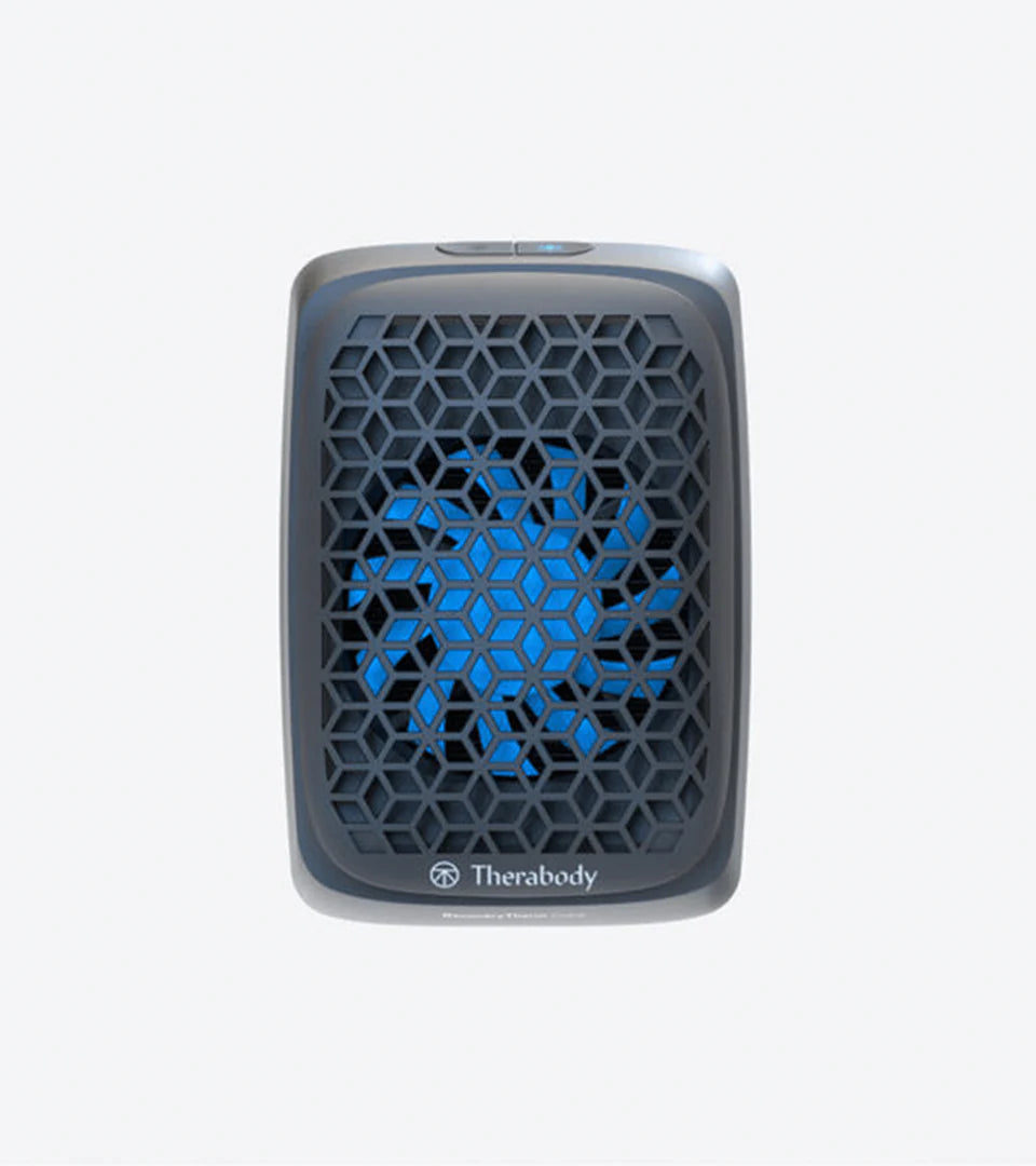 Therabody muscle therapy device featuring a hexagonal mesh design with a blue cooling element, designed for targeted relief through advanced cold and vibration therapy.