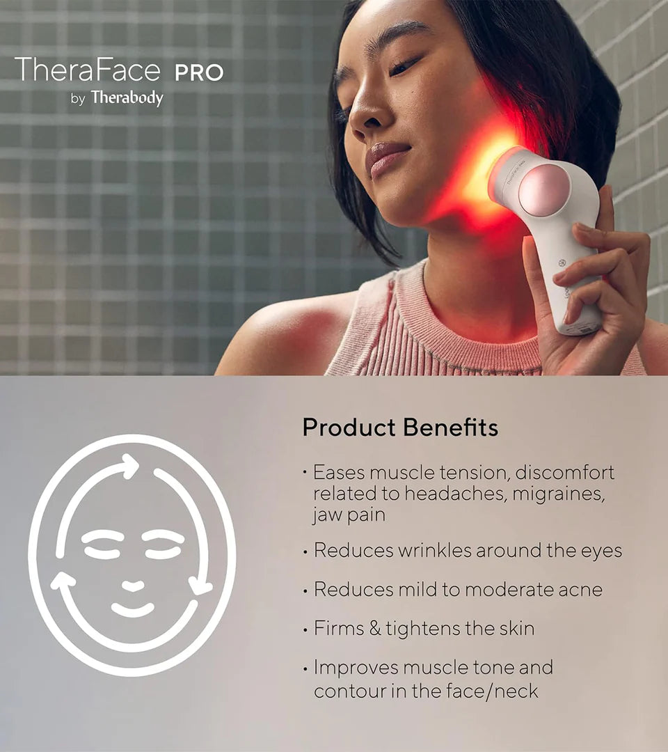 TheraFace Pro device being used for red light therapy, highlighting product benefits such as easing muscle tension, reducing wrinkles, minimizing acne, firming skin, and improving muscle tone and contour in the face and neck.