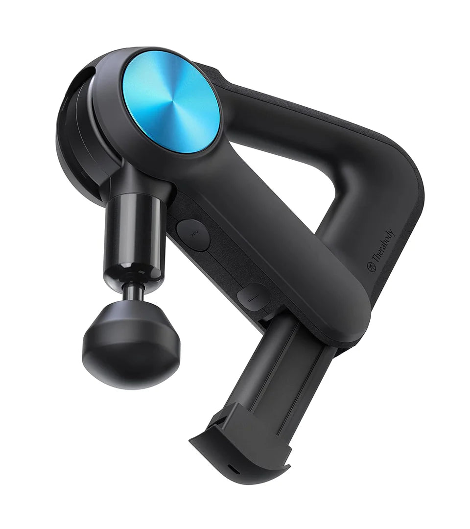 A detailed image of the Theragun PRO showcasing its adjustable arm and ergonomic triangular design. The device is black with a metallic blue circular accent and features a standard ball attachment. This image highlights the versatility and premium build quality of the Theragun PRO, designed for deep muscle therapy and professional-grade performance.