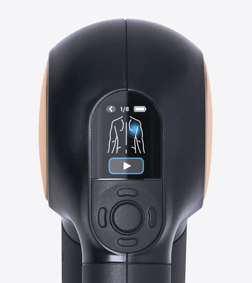 Close-up view of a massage device's digital interface displaying a body diagram and mode settings, featuring ergonomic controls for precise operation and targeted muscle relief.