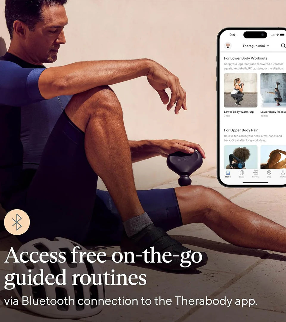 A man using a Therabody portable massage device while following guided routines on the Therabody app, highlighting its Bluetooth connectivity for personalized and on-the-go muscle recovery sessions.