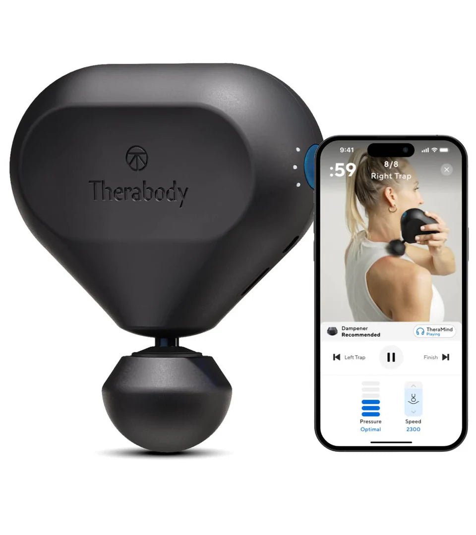 Therabody portable massage device alongside a smartphone app interface, showcasing guided instructions, customizable settings, and real-time feedback for effective muscle relief and recovery.